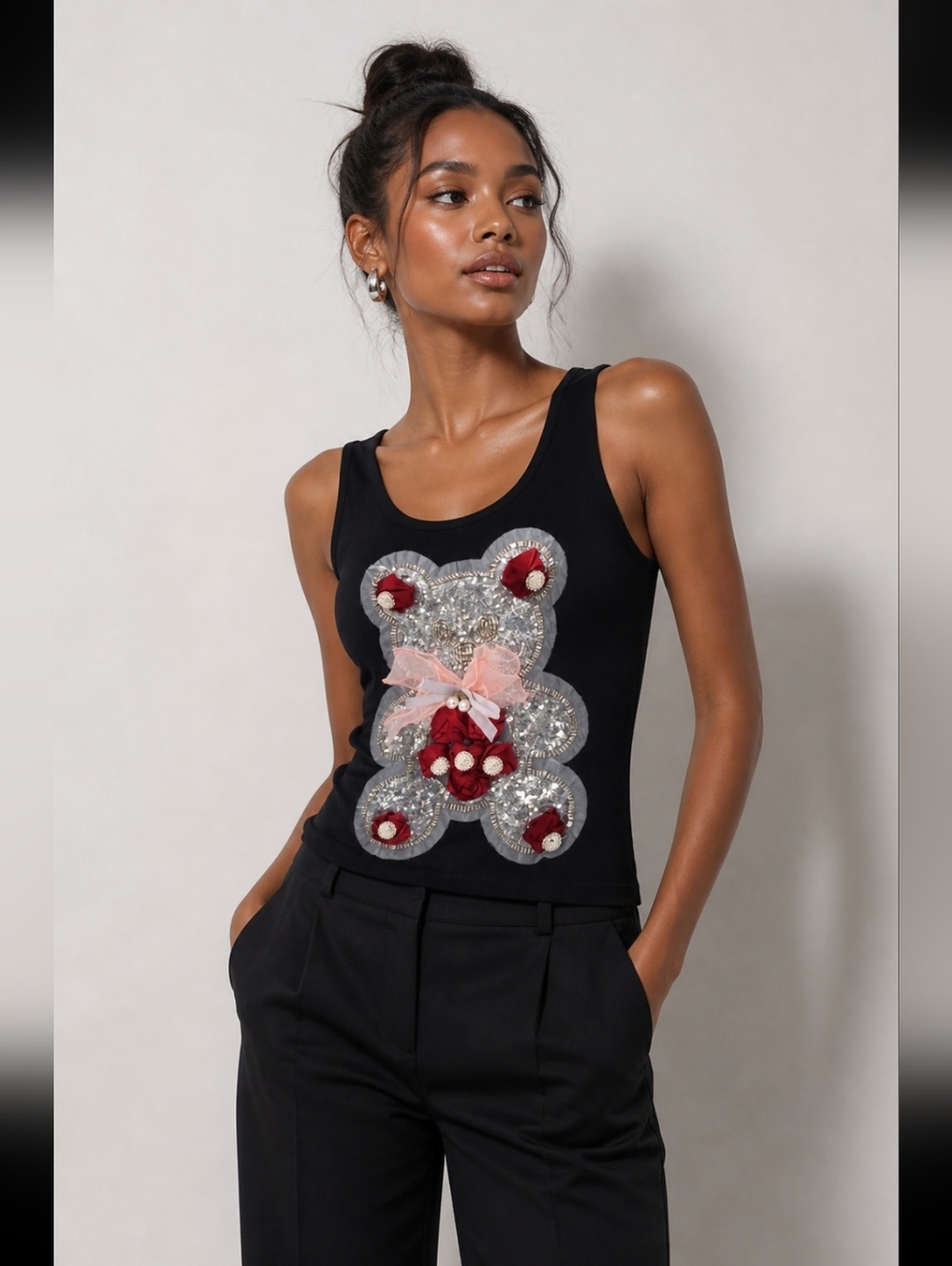 MOSCHINO RARE Black Tank Top with Silver and burgundy Teddy‎ Bear Design